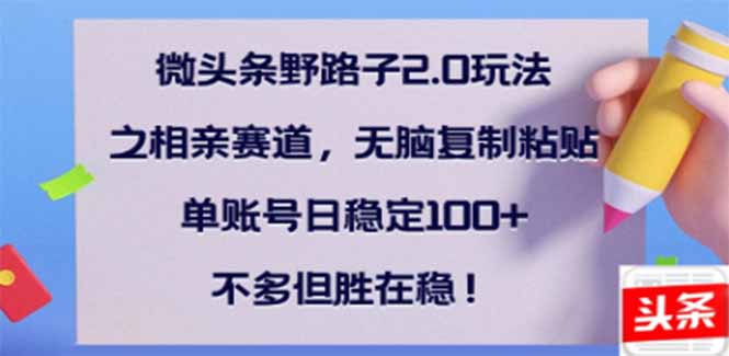 （14334期）微头条野路子2.0玩法之相亲赛道，无脑搬砖复制粘贴，单账号日稳定300+…-必富网创