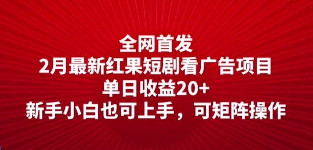 全网首发，2月最新红果短剧看广告项目，单日收益20+，新手小白也可上手，可矩阵操作-必富网创